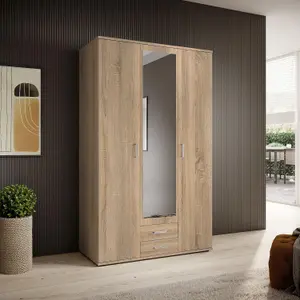 Elegant KARL 3-Door Hinged Wardrobe with Mirror W1200mm H1960mm D535mm - Oak Sonoma, Spacious Storage, Modern Design