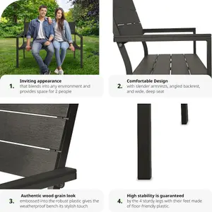 Garden Bench - 2-seater, weatherproof aluminium frame, 128 x 59 x 88 cm - dark grey