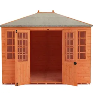 INSATLLED - 10ft x 8ft (2.95m x 2.95m) Wooden Blue Bell Tongue and Groove APEX Summerhouse (12mm T&G Floor + Roof) (10 x 8) (10x8)