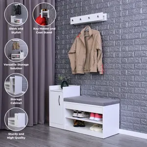 White Shoe Racks Storage Bench with Coat Stand & Shelf Combo - Grey Cushion Shoe Storage Seat - Wallet and Key Holder Organizer