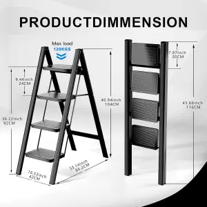 Black 4 Step Ladder Folding Metal Non Slip Stool Heavy Duty Carbon Steel