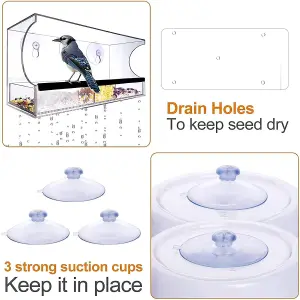 Clear Acrylic Window Bird Feeder - With Drain Holes - Anti-fall Very Sturdy Durable - Super Strong Suction Cups