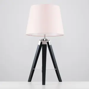 ValueLights Clipper Modern Black Wood and Silver Chrome Tripod Table Lamp with Pink Light Shade