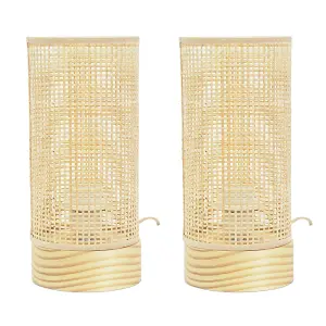 ValueLights Elsa Pair of Natural Bamboo Shade Wooden Table Lamps with LED Bulbs