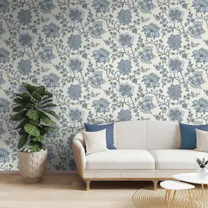 Jacobean Trail Wallpaper Floral Leaves Blue White Natural Flowers Feature Wall