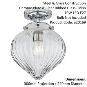 Decorative Flush Bathroom Ceiling Light Fitting - Clear Ribbed Glass Shade