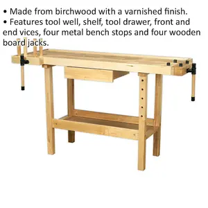 Premium 1.52m Varnished Woodworking Bench with Tool Well and Dual Vices