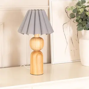 ValueLights Azalea Rustic Wooden Table Lamp with Grey Fabric Scallop Tapered Shade and LED Bulb