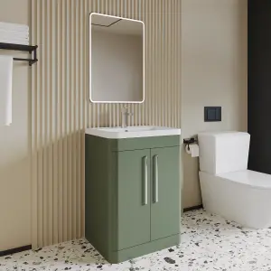 Floor Standing 2 Door Vanity Unit with Polymarble Basin - 600mm - Satin Green