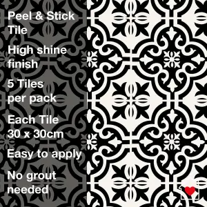 Wall Tile Motif 30.5x30.5cm Black 5 Tiles Per Pack