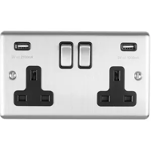 2 PACK 2 Gang Single UK Plug Socket & 2.1A USB SATIN STEEL & Black 13A Switched