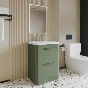 Floor Standing 2 Drawer Vanity Unit with Ceramic Basin - 600mm - Satin Green