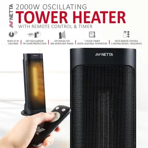 NETTA 2000W Fast Heating Ceramic Portable Tower Heater with Timer & Remote Control - Black