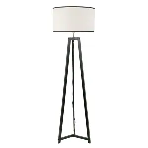 ValueLights Lottie Black Wood Tripod Floor Lamp with Linen Black Trim Drum Shade & LED Bulb