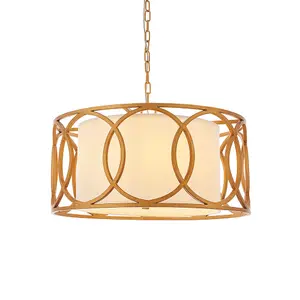 Brushed Gold Multi Arm Ceiling Pendant Light - White Fabric Shade - Dimmable