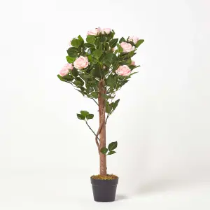 Homescapes Pink Potted Rose Tree Artificial Plant with lifelike green leaves and single trunk, 90 cm