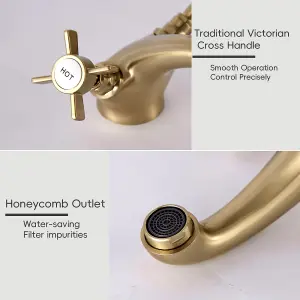 BATHWEST Gold Bathroom Tap Brass Vic Basin Mixer Tap Two-Handle Bathroom Mixer Tap