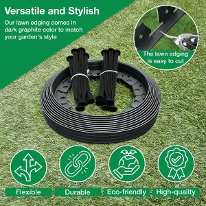 Flexible Black  Garden Edging Border 10m Complete with 20 Securing Pegs Perfect Flower Beds Lawns and Pavement Design 40mm High