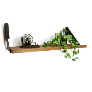 Solid Pine Rustical Shelf Medium Oak with Black FLAT Bracket 25x60cm