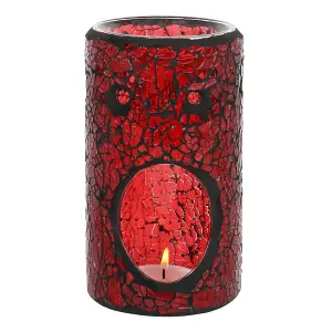 Red Glass Pillar Shaped Oil, Wax Melt Burner. Mirrored Crackle Effect. H14.5 cm