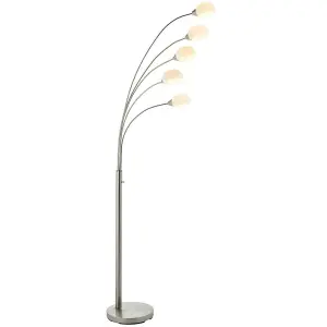 5 Light Floor Lamp Nickel & Glass Tall Standing Curved Multi Arm Living Room