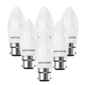 paul russells LED Candle Dimmable Bulb Bayonet Cap BC B22, 5.5W 470Lumens C37, 40w Equivalent, 4000K Cool White Light, Pack of 6