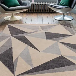 Cream Grey Geometric 13mm Thick Stain-Resistant Rug For Bedroom, Dining Room, Easy to Clean Modern Rug-120cm X 170cm