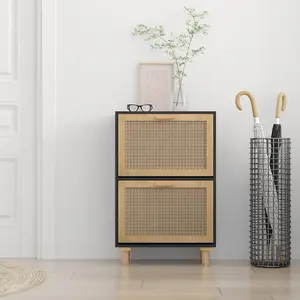 Berkfield Shoe Cabinet Black 52x25x80 cm Engineered Wood&Natural Rattan