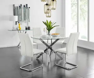 Furniturebox UK Novara Chrome Metal And Glass Large Round Dining Table And 4 White Lorenzo Chairs Set