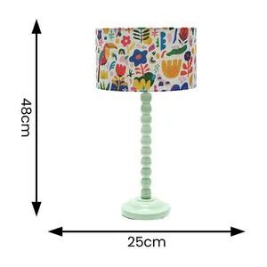 Sage Green Bobbin Stem Table Lamp with Jungle Drum Shade for Living Room Bedroom - LED Bulb Included