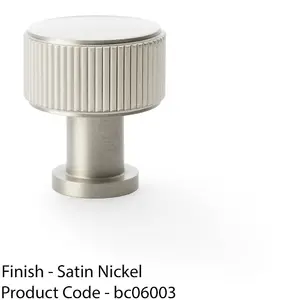 Round Reeded Door Knob - 29mm Diameter Satin Nickel Lined Cupboard Pull Handle