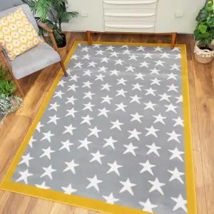 Grey Yellow Bordered Kids Bedroom Play Room Rug 120x170cm