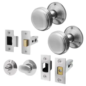 AFIT Lined Door Knob Set Satin Chrome, 1 Pair of Mortice Knobs 55mm, Latch & Deadbolt Kit 76mm & Turn & Release for Internal Doors