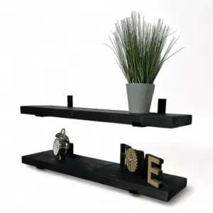 Black Handcrafted Rustic Wall-Mounted Floating Shelves with Black L Brackets, Kitchen Living Room (Set of 2, 120 cm Long)