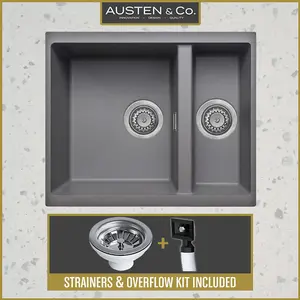 Austen & Co. Florence Inset & Undermount 1.5 Bowl Reversible Granite Kitchen Sink With Strainer & Over Flow Kit - Grey