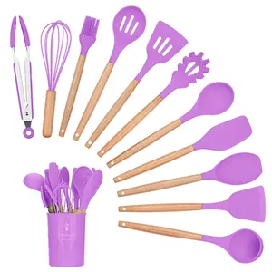 Silicone Cooking Utensils Kitchen Utensil Set, 12 Pieces Natural Wooden Handles Cooking Tool BPA Free Non Toxic Silicone Turner Tongs Spatula Spoon Kitchen Gadgets Utensil Set (Purple) Black