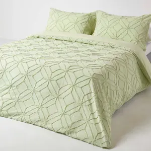 Homescapes Sage Green Diamond Cotton Tufted Duvet Cover Set, Single