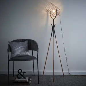 Fulton Industrial Metal Cage Tripod Copper and Black Floor Lamp