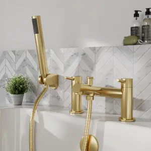 Round Minimalist Bath Shower Mixer Tap with Shower Kit - Brushed Brass - Balterley