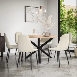 Malvern Round Dining Table And Chairs -  Oak Table Top w Solid Oak Black Legs + Maya Boucle Dining Chair Set Of 6 (Ivory White)