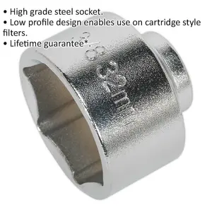 32mm Low Profile Oil Filter Socket for 3/8" Drive - Durable Steel Tool