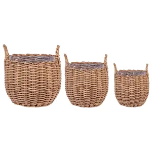 Set of 3 Plant Pots AUCUBA PE Rattan Light Brown