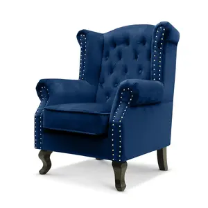 Velvet Wing Back Fireside Henley Chair Armchair with Buttons Blue