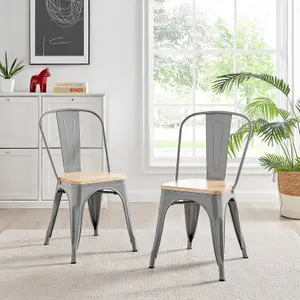 Furniturebox Set of 2 Grey Colton Tolix Style Stackable Industrial Metal Dining Chair With Pine Seat