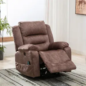 Electric Power Lift Recliner Chair Sofa with Massage and Heat for Elderly, 2 Side Pockets USB Ports, Brown, Fabric