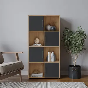 URBNLIVING 119cm Height 8 Cube Bookcase Oak Wood Black Door Metal Handle Display Storage Shelf