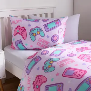 Gaming Duvet Cover Set Reversible Quilt Pillowcase Bedding, Pink - Single