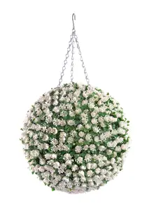 Best Artificial 38cm White Ivory Rose Hanging Flower Topiary Ball - Suitable for Outdoor Use - Weather & Fade Resistant