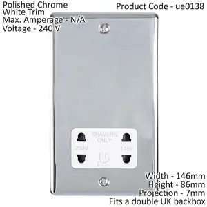 230v & 115v Shaver Twin Socket Wall Plate CHROME & White Trim 86mm x 146mm