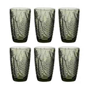 Set of 6 Luxury Green Leaf Embossed Tall Highball Drinking Glass Tumblers 350ml